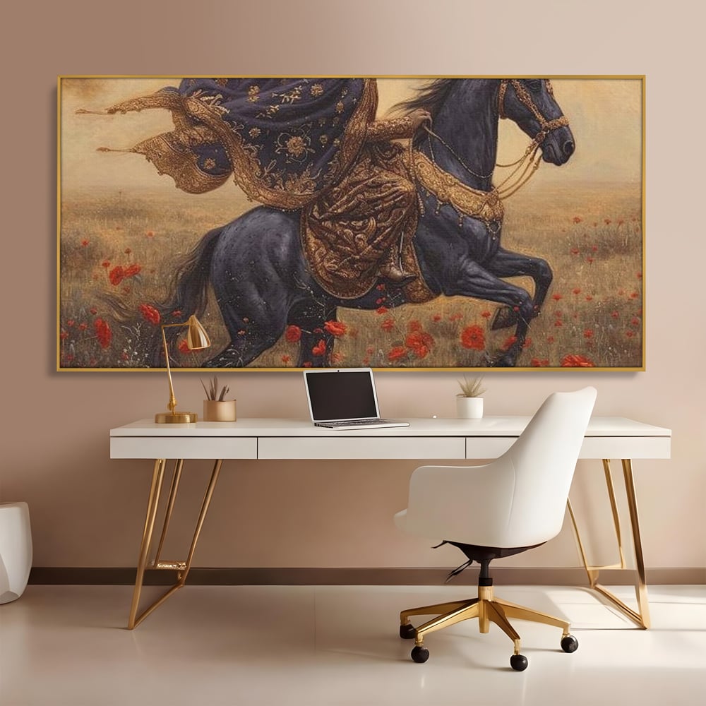 Tablou canvas cu printesa pe armasar negru in camp de maci, in rama de aluminiu auriu, pe perete intr-un birou